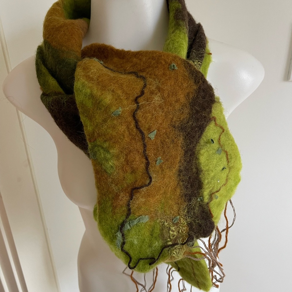 Handcrafted Felted Merino Wool Scarf in a Variety of Greens and Browns
